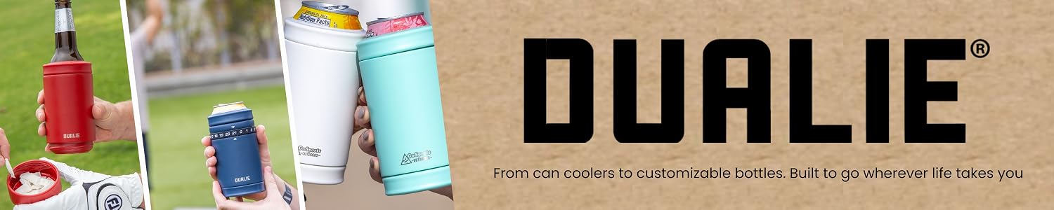 DUALIE can coolers lined up in the brand colors